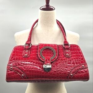 Red Croc Embossed Satchel Purse Silver‎ Hardware Trendy Stylish Handbag
